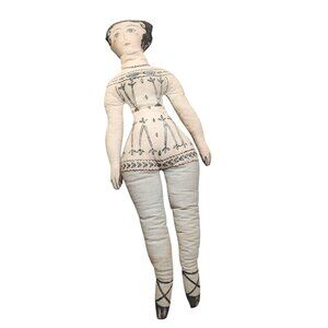 Antique-Style Sleep and Awake Sides Cloth Doll w/Victorian-Inspired Print Dress